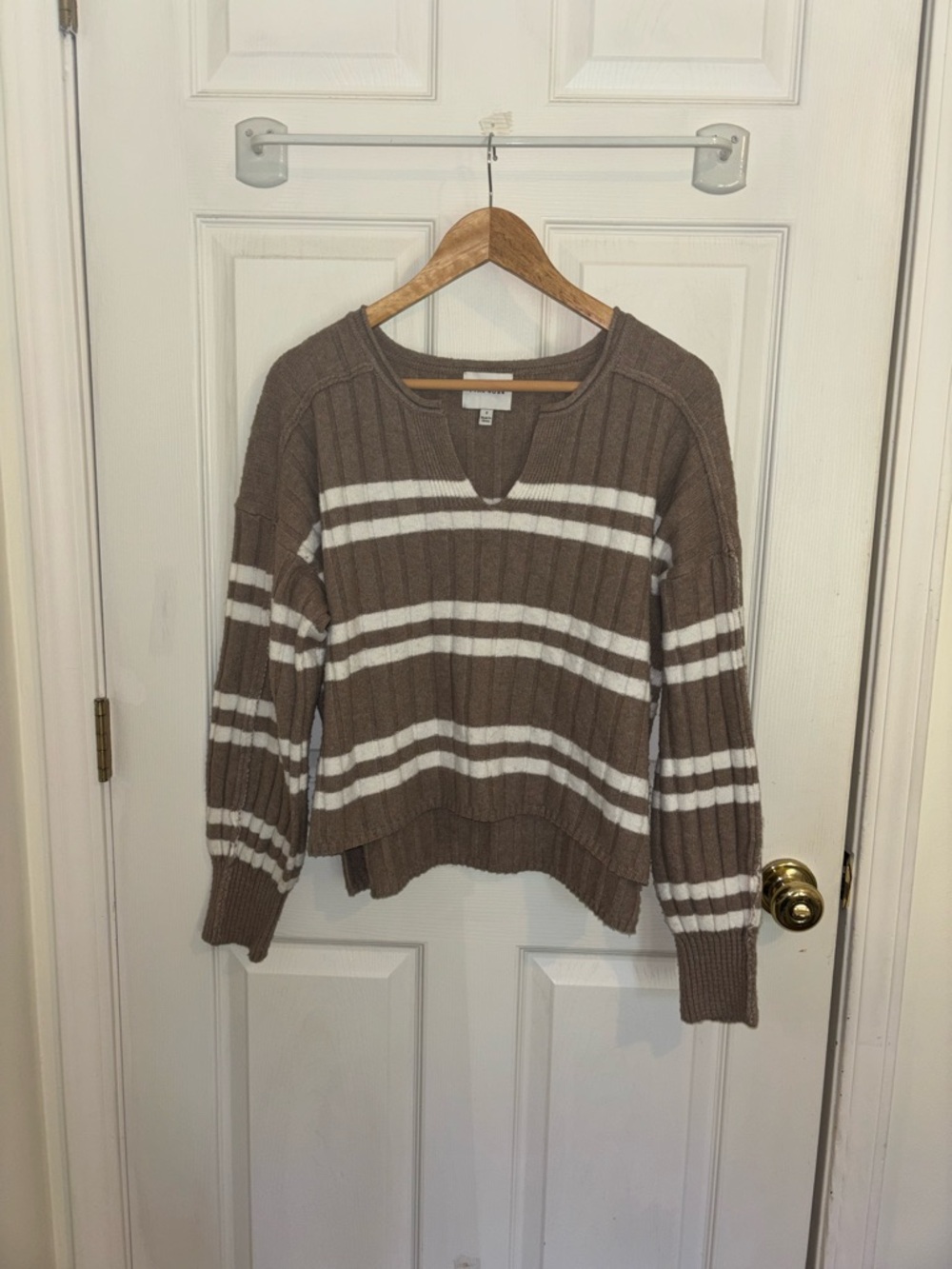 Striped Split Hem V-Neck Knit Sweater - Pink Rose